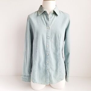 Talbots Petites Denim Button Front Embroidered Shirt Fleur de lis Size 6p
